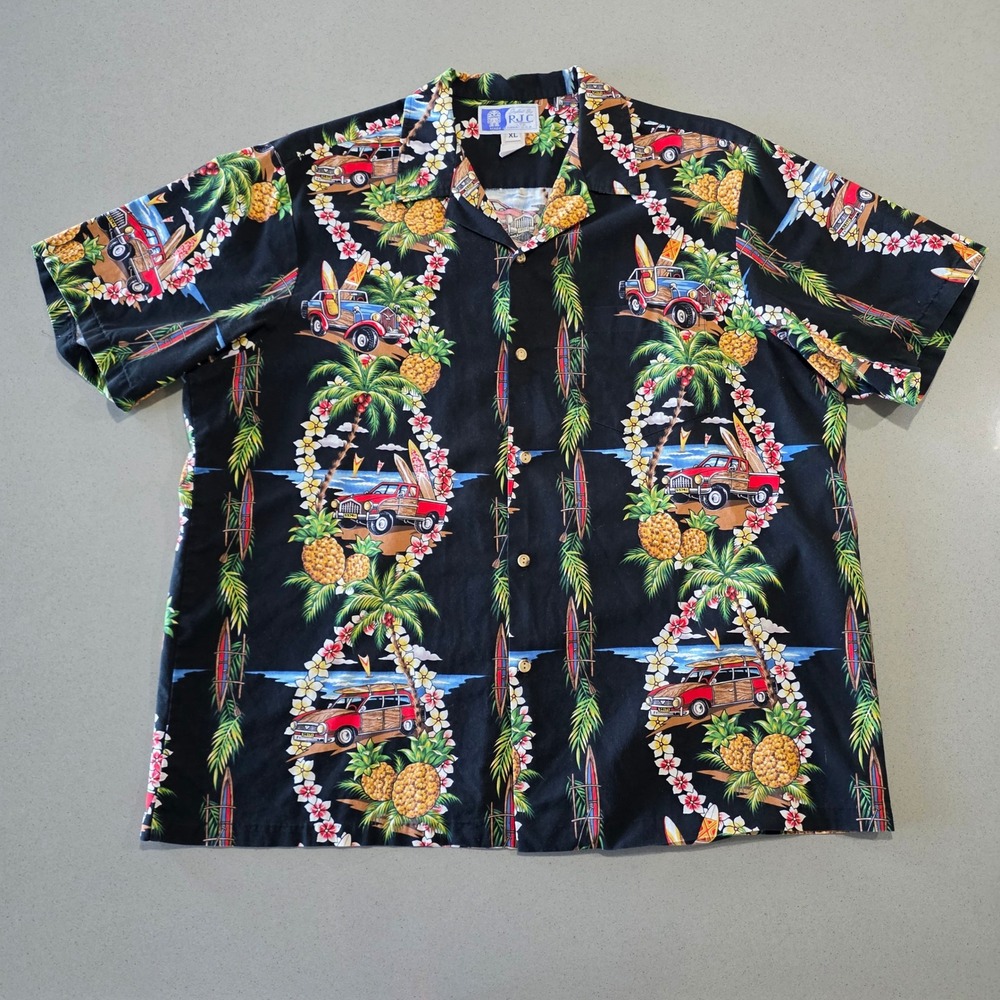 RJC Hawaiian Shirt Mens‎ XL Black Woodie Car Surfboard Pineapple Tropical Hawaii - Picture 5 of 12
